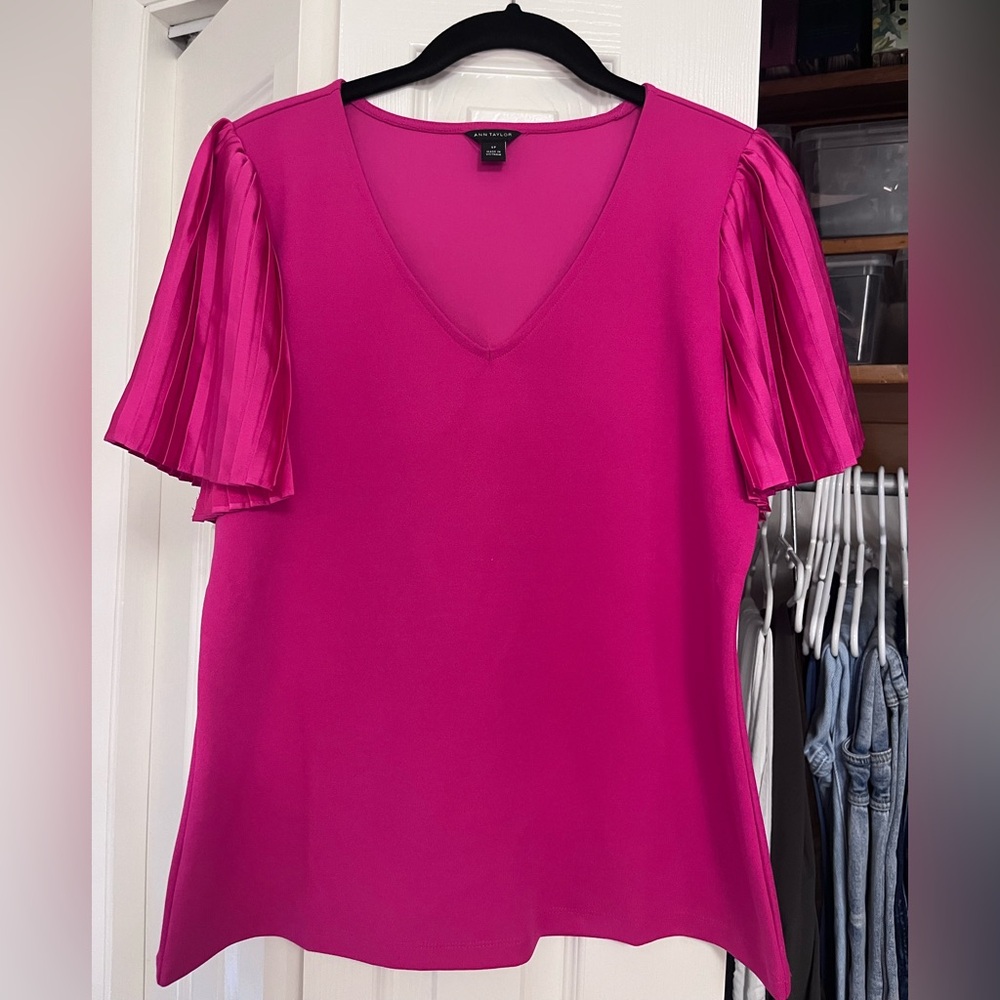 Ann Taylor Mixed Media Pleated Sleeve Top V-Neck Fuchsia Hot Pink Flutter Blouse